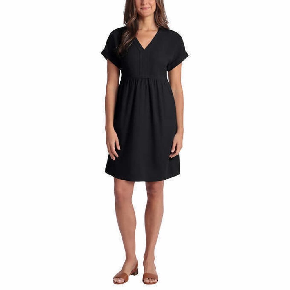 NEW Briggs Ladies V-neck Short Sleeve Linen Blend Midi Shift Black Dress Size L.